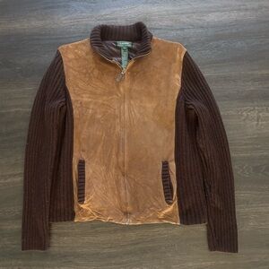 Women’s Polo Ralph Lauren Brown Suede Sweater Zip Up Jacket Size L